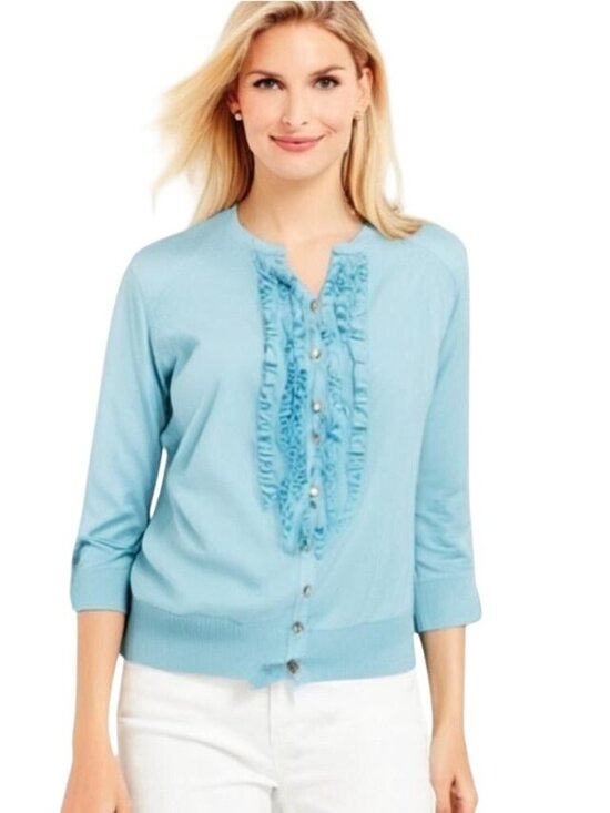 Talbots Sweaters - Talbots Women's‎ Ruffle-Front 3/4 Sleeve Cardigan Sweater Light Blue Size Medium